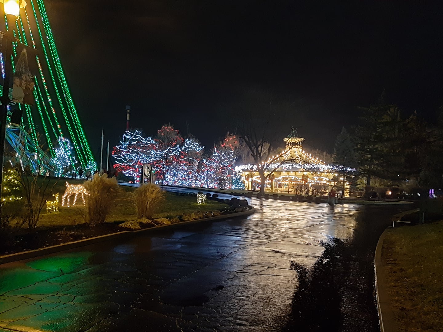 Illuminated one-third-scale Eiffel Tower replica and Grand Carousel at Kings Island theme park in Mason, Ohio at night