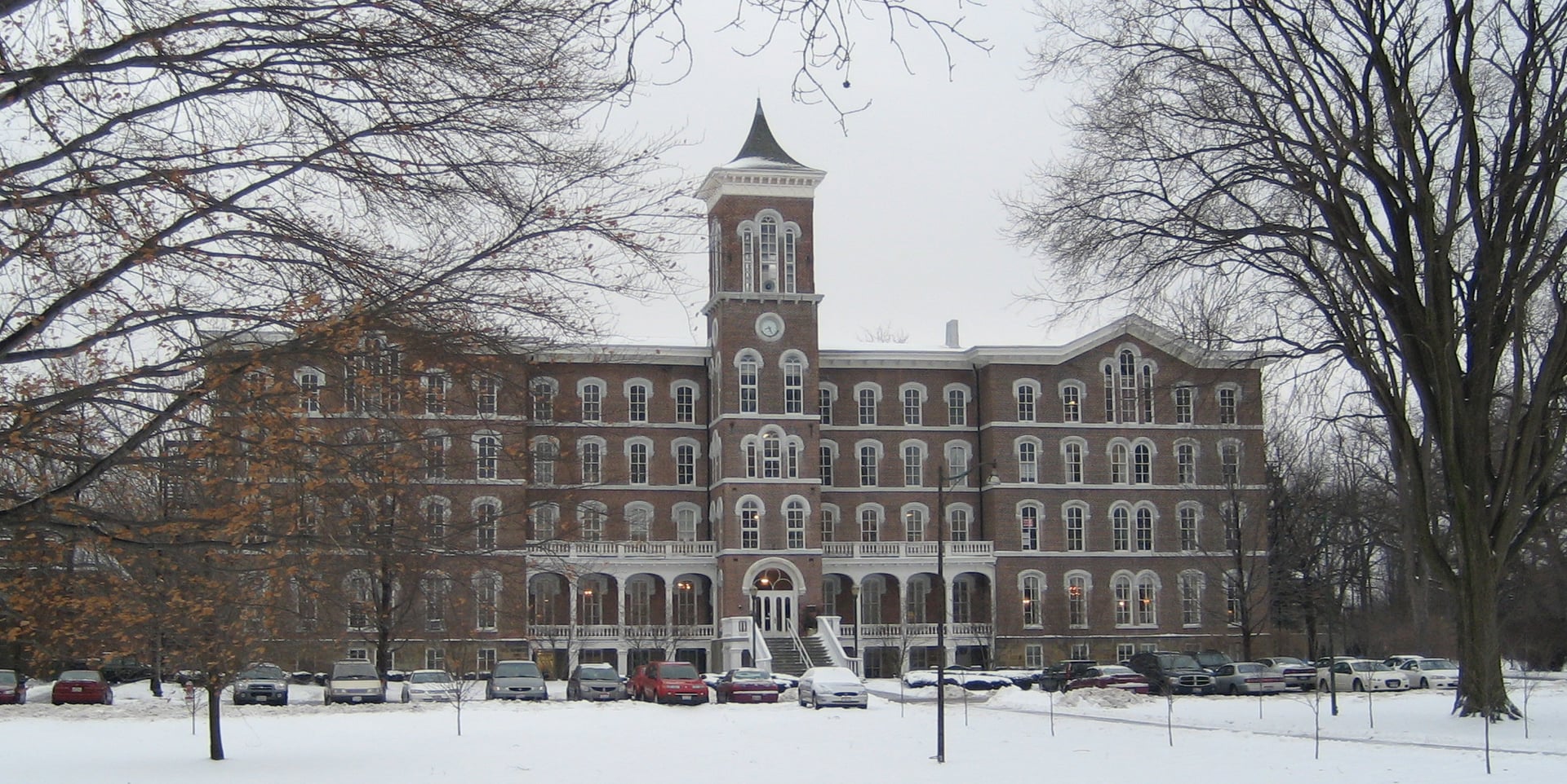Front of College Hall, the main administration building of Lake Erie College, in Painesville, Ohio, United States.  Built in 1859, the building is listed on the National Register of Historic Places.