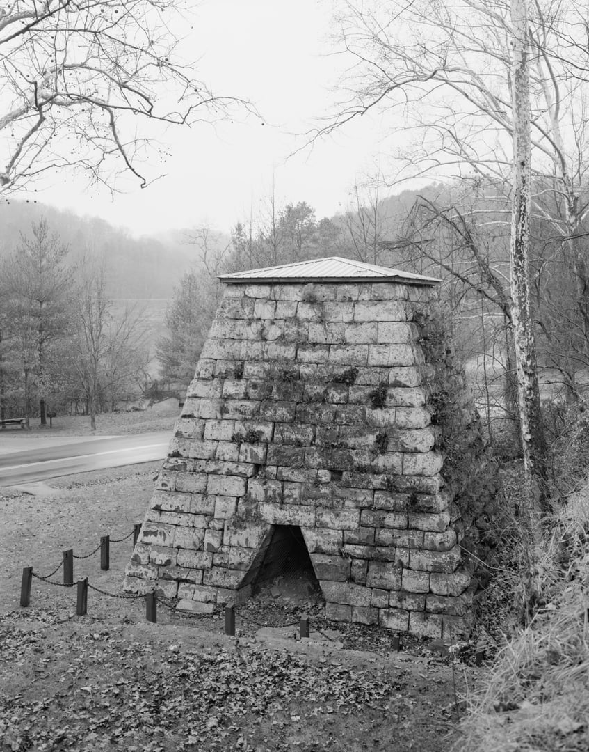 Southeastern side of the Vesuvius Furnace, located along County Highway 29 in the Vesuvius Recreation Area of the Wayne National Forest, near the city of Ironton in Elizabeth Township, Lawrence County, Ohio, United States.  The furnace is listed on the National Register of Historic Places.