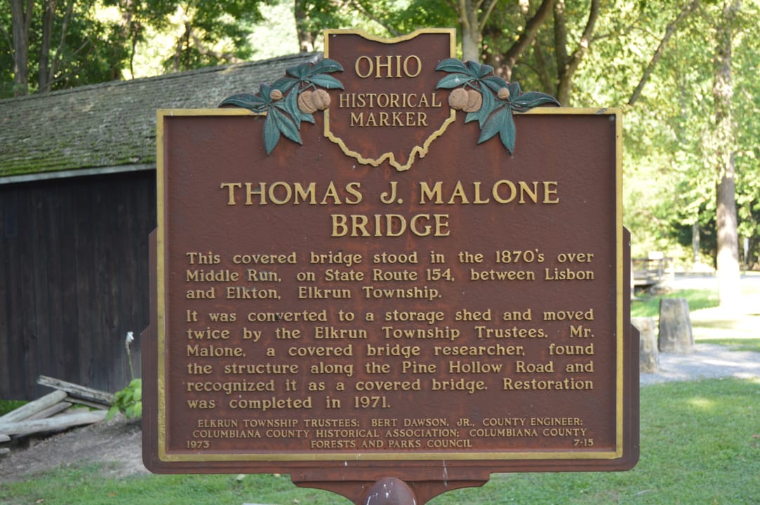 Historical marker for the Malone Covered Bridge, located along Echo Dell Road within Beaver Creek State Park in Middleton Township, Columbiana County, Ohio, United States.