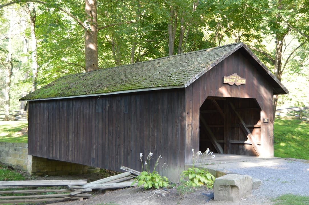 View from the west of the Thomas J. Malone Covered Bridge, located along Echo Dell Road within Beaver Creek State Park in Middleton Township, Columbiana County, Ohio, United States.  It was built in 1870.