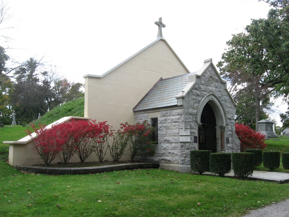 Front of the Marion Cemetery Receiving Vault, located in the city cemetery in Marion, Ohio, United States.  Before the construction of the Harding Memorial, it housed the caskets of President and Mrs. Warren G. Harding.  Built in 1879, the vault is listed on the National Register of Historic Places.