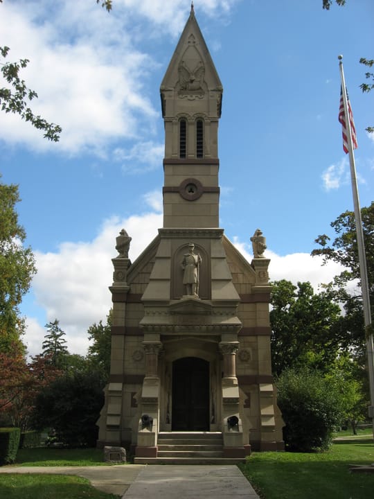 Front of the Soldiers' and Sailors' Memorial Chapel, located in the city cemetery in Marion, Ohio, United States.  Built in 1887, the chapel is listed on the National Register of Historic Places.