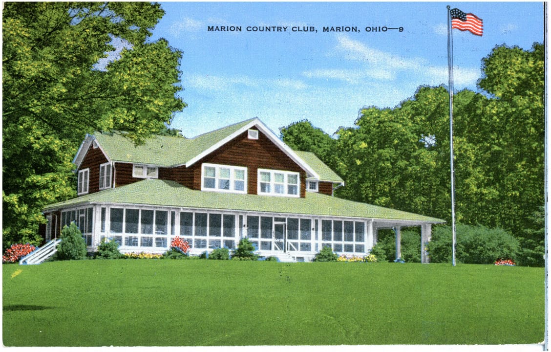 Colored print of a two story clapboard building with a large screened in porch.