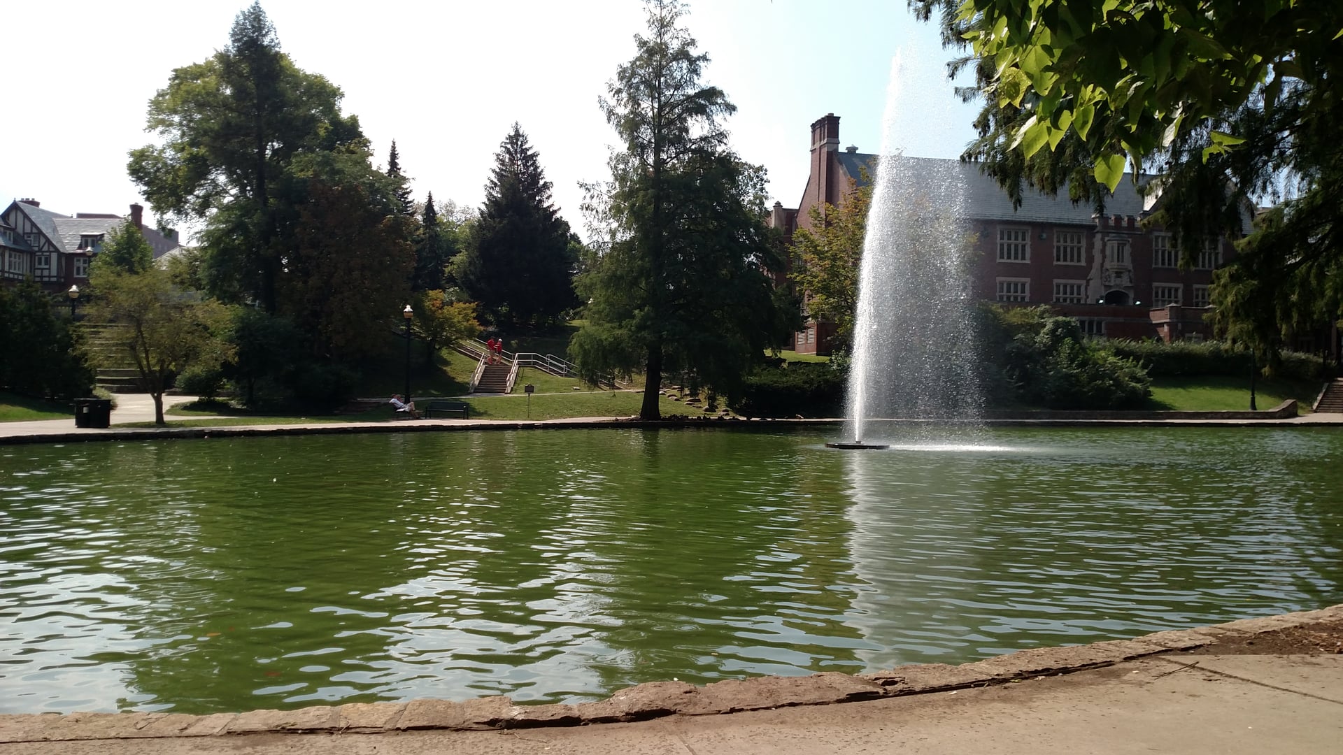 Mirror Lake, the small wooded campus pond at The Ohio State University in Columbus, Ohio, photographed from the north in September 2016.