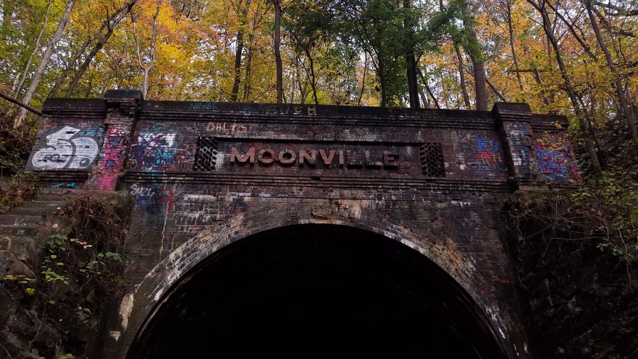 The west entrance of Moonville Tunnel along the rail-trail through Zaleski State Forest, autumn 2020.