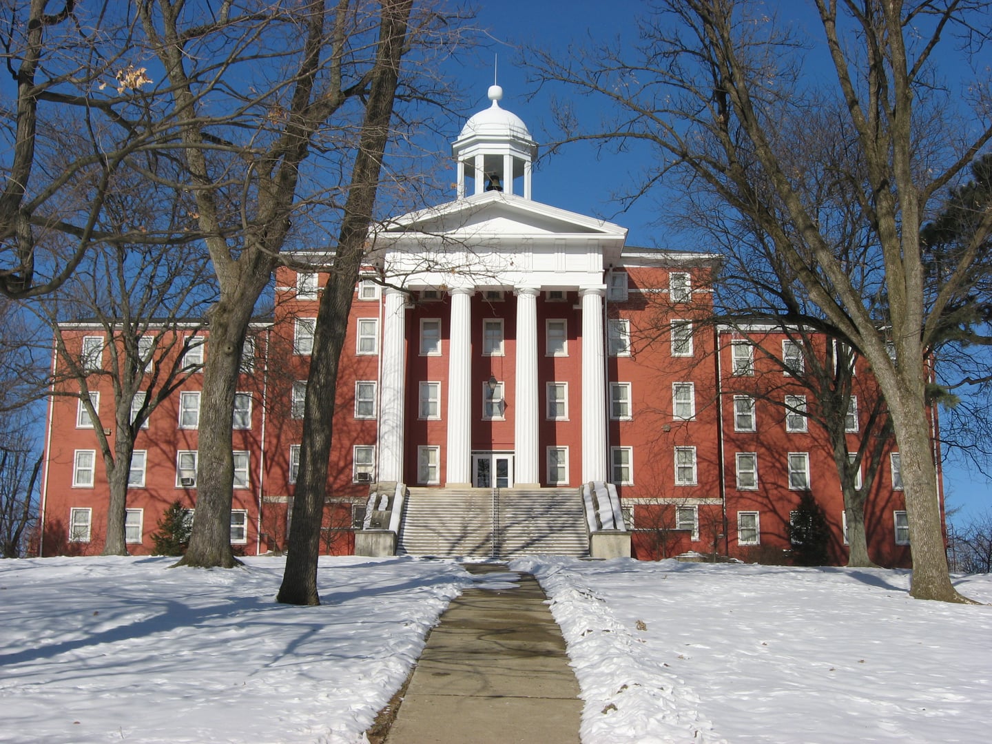 Front facade of Myers Hall, the 1846 building at Wittenberg University in Springfield, Ohio, oldest structure on campus.