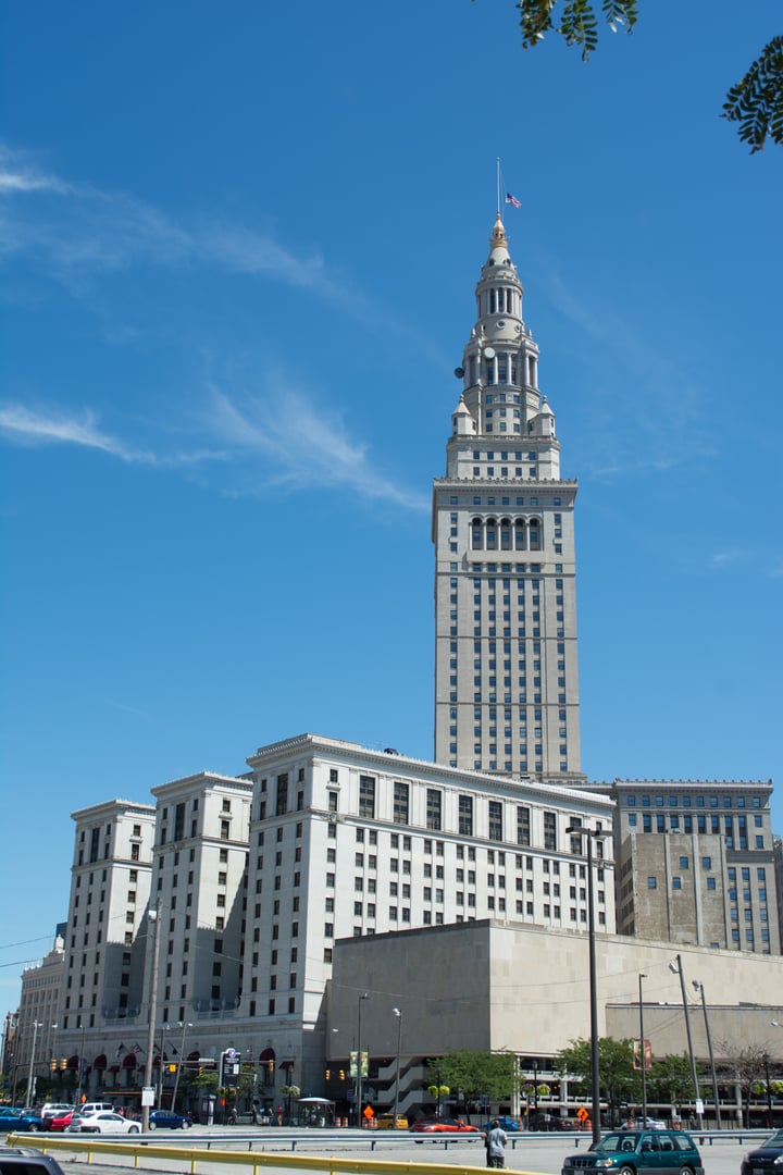 The Hotel Cleveland (Renaissance Cleveland Hotel) on Public Square in downtown Cleveland, Ohio, with Terminal Tower adjacent.