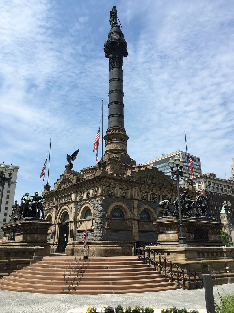 The Soldiers' and Sailors' Monument on Public Square in Cleveland, Ohio, the 1894 Civil War memorial topped by the Statue of Liberty.