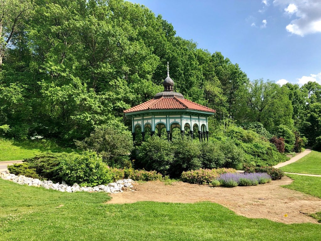 Spring House Gazebo at Eden Park in Cincinnati, an 1904 Moorish Revival pavilion near Mirror Lake.