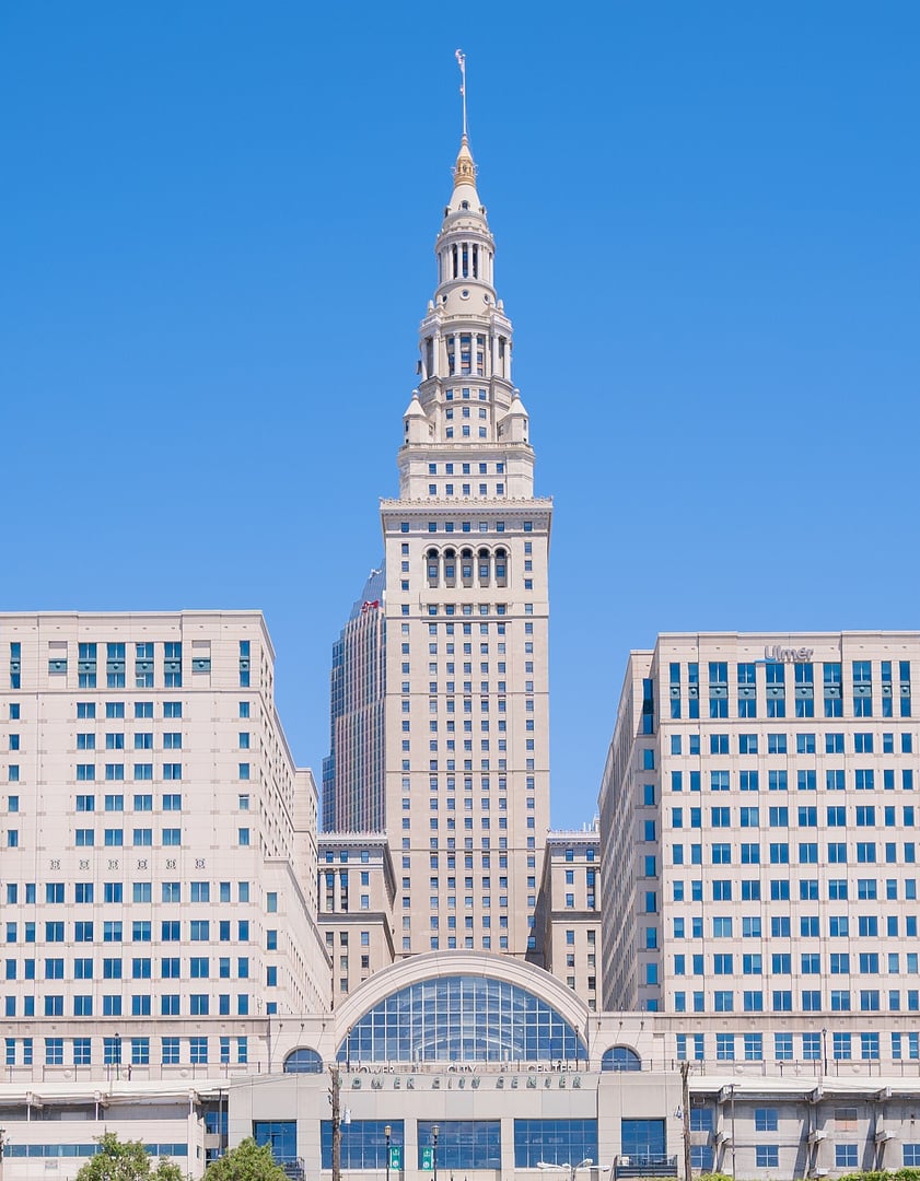 Cleveland's Terminal Tower, the 1927 skyscraper on Public Square, seen from the Cuyahoga River.