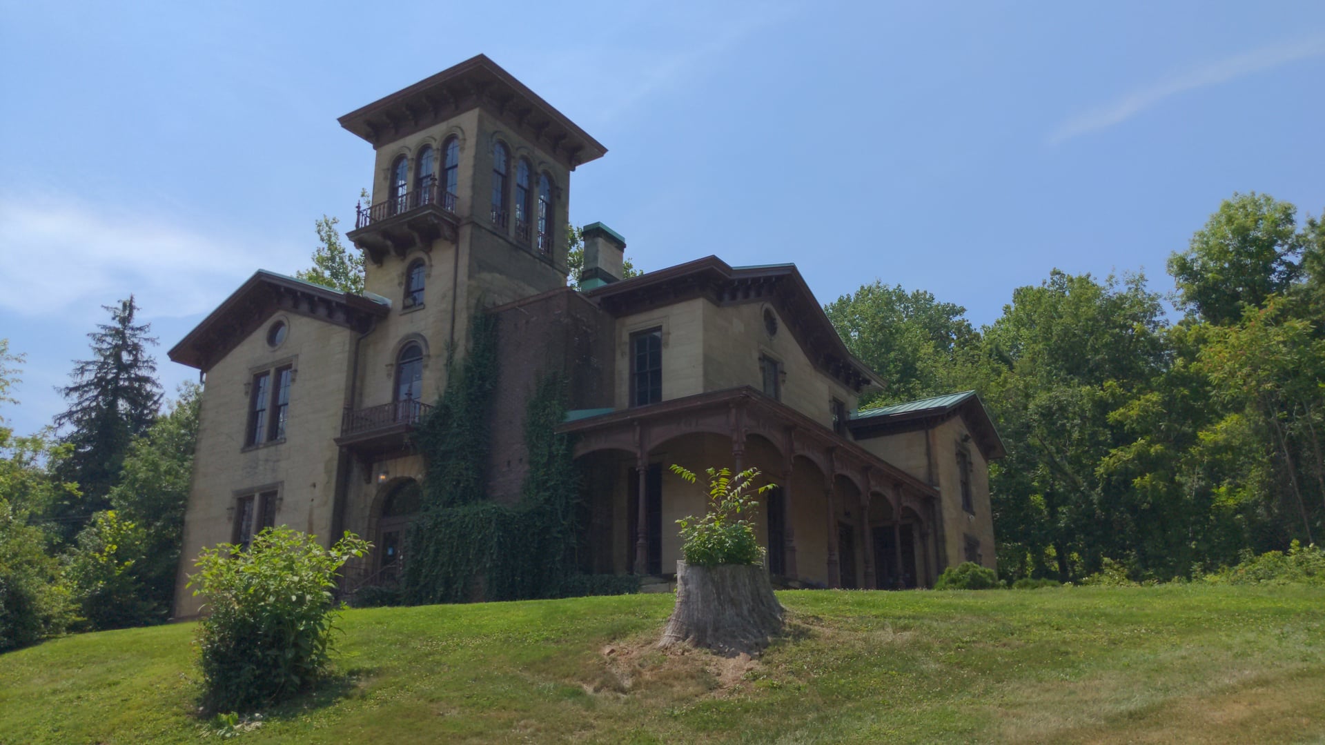 The Anchorage Italianate sandstone mansion with octagonal tower in Harmar Village, Marietta, Ohio