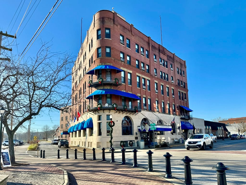 The Lafayette Hotel facade on Front Street along the Ohio River in Marietta, Ohio