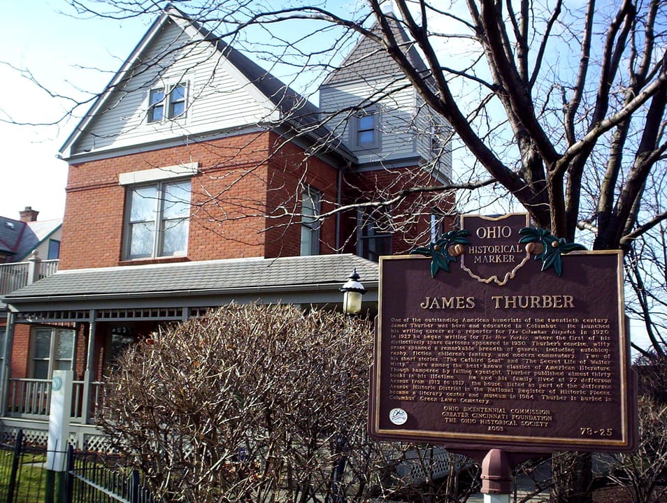 Front facade of the James Thurber House at 77 Jefferson Avenue in Columbus, Ohio, an 1873 Queen Anne brick residence