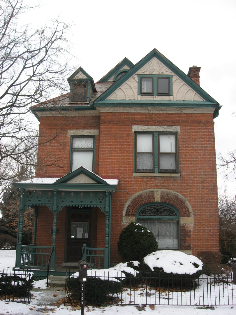 Front facade of the James Thurber House at 77 Jefferson Avenue in Columbus, Ohio, an 1873 Queen Anne brick residence