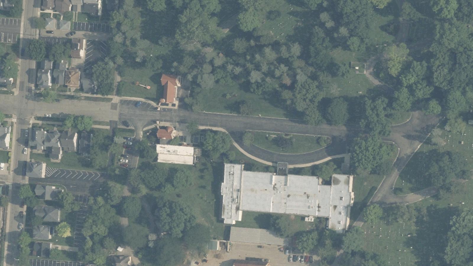 Aerial survey view of Woodland Cemetery and Arboretum