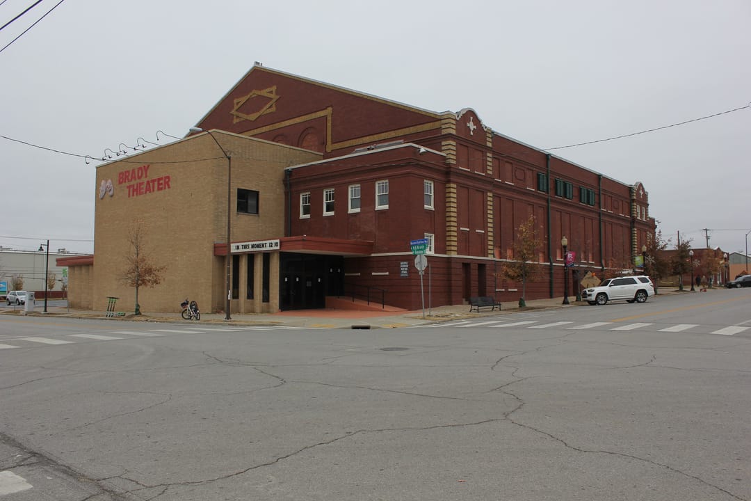 Exterior west facade of the 1914 Brady Theatre (Tulsa Theater) at 105 W. Reconciliation Way in downtown Tulsa, Oklahoma