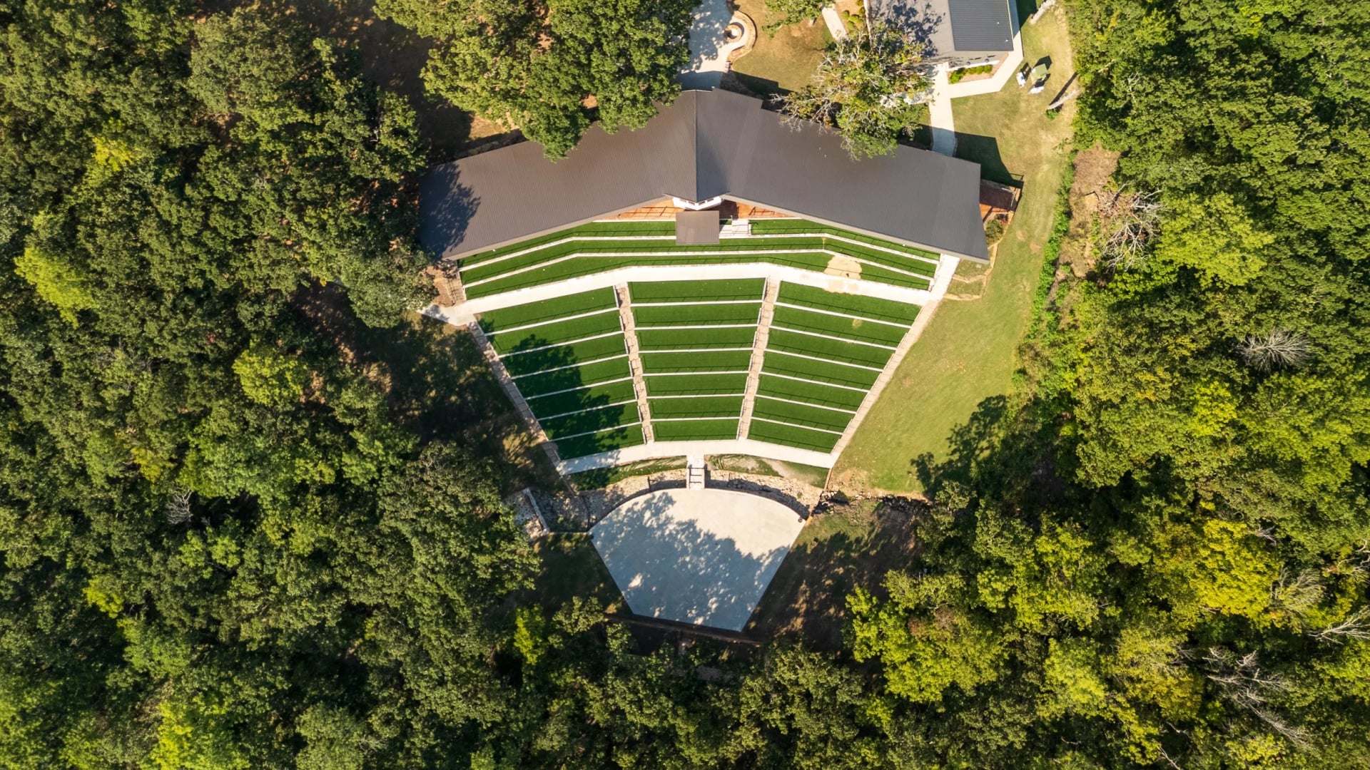 Aerial drone view of the historic Discoveryland Ranch amphitheater in Sand Springs, Oklahoma, the longtime home of the Rodgers and Hammerstein musical Oklahoma!