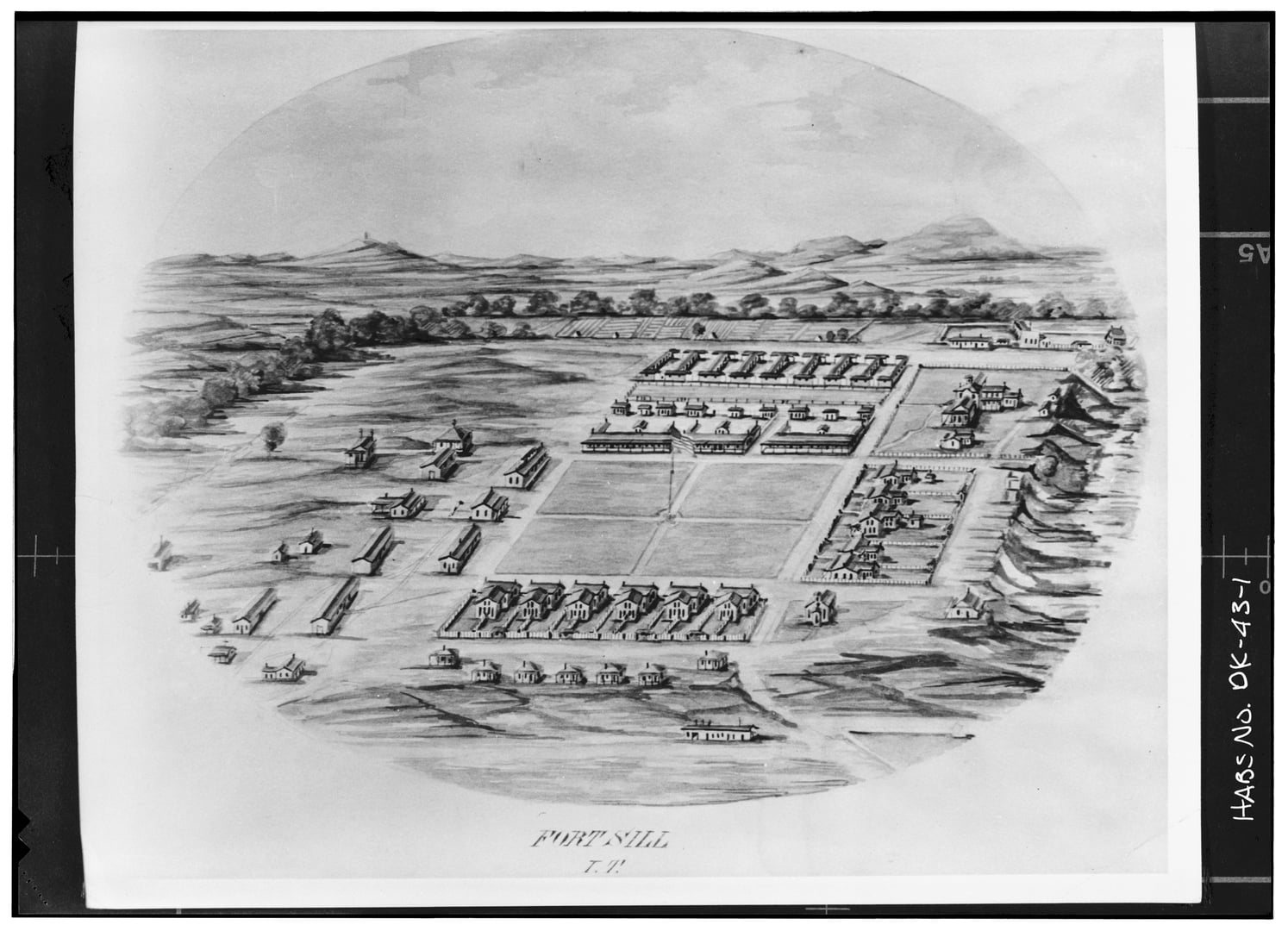 Historic American Buildings Survey photocopy of a bird's-eye-view drawing of Fort Sill in Medicine Park, Comanche County, Oklahoma, depicting the historic Old Post and its surrounding cemeteries