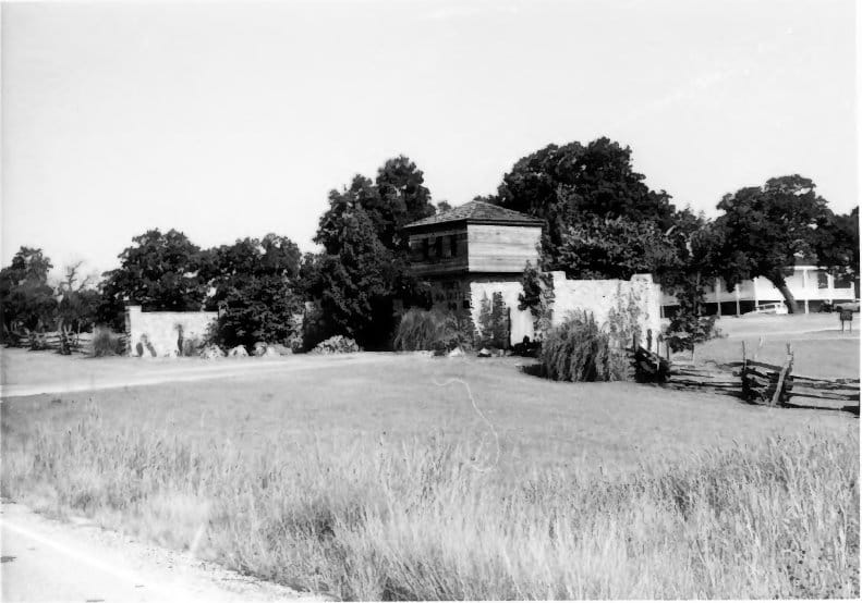 Overgrown ruins of the West Barracks at Fort Washita Historic Site near Durant, Oklahoma, photographed 1975