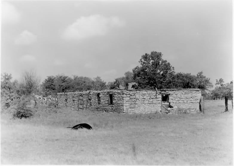 The foundation ruins of the South Barracks at Fort Washita, before restoration, August 1957.