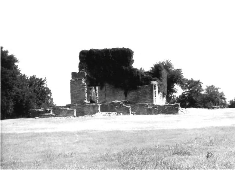 The West Barracks ruins at Fort Washita, south elevation looking north, July 1975.
