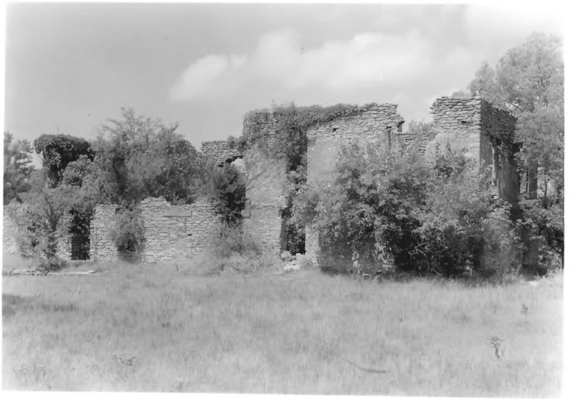 The West Barracks at Fort Washita, east facade looking west, August 1957, before later restoration work.