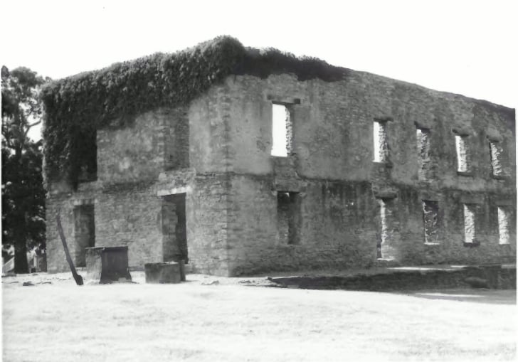 Overgrown ruins of the West Barracks at Fort Washita Historic Site near Durant, Oklahoma, photographed 1975