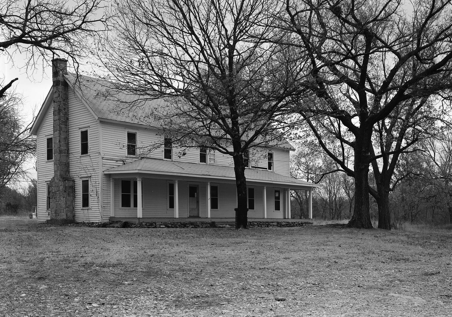 Front exterior of the 1884 Saline District Courthouse near Rose, Delaware County, Oklahoma — the only surviving original Cherokee Nation district courthouse, photographed by the Historic American Buildings Survey.