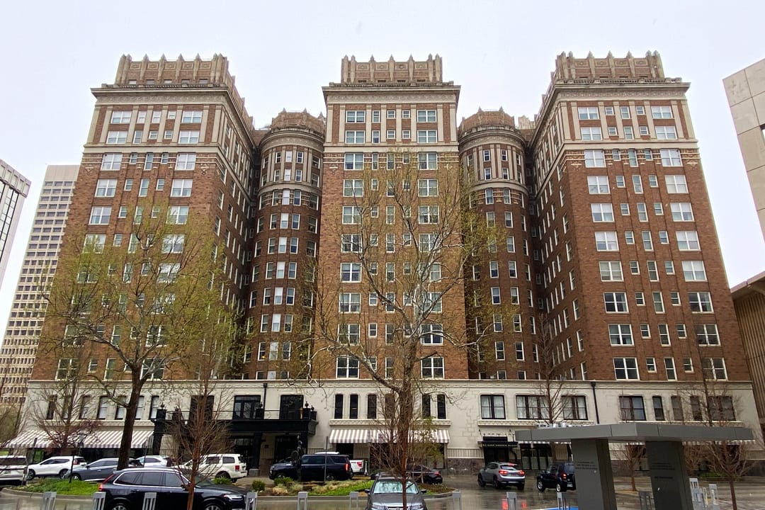 Skirvin Hilton Hotel illuminated at night in downtown Oklahoma City, 1911 historic high-rise