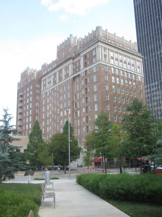 The Skirvin Hilton seen from the park plaza across the street, Oklahoma City, 2019.