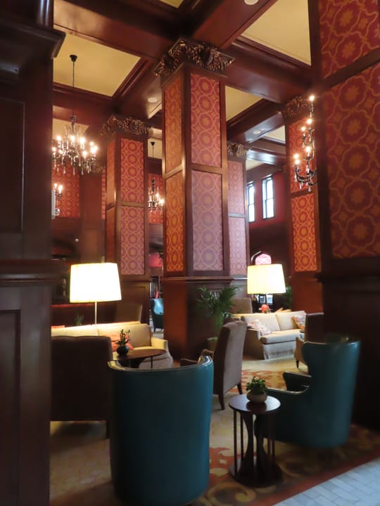 A seating area in the Skirvin Hilton's lobby, 2022.