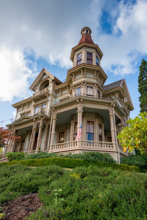 11,600-square-foot Queen Anne Captain George Flavel House Museum (1885) at 441 8th Street in Astoria, Oregon.