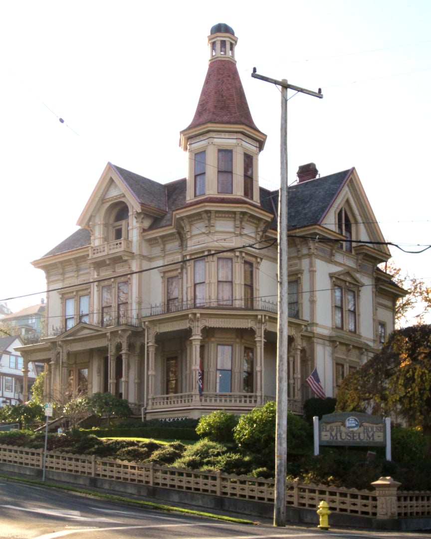 11,600-square-foot Queen Anne Captain George Flavel House Museum (1885) at 441 8th Street in Astoria, Oregon.