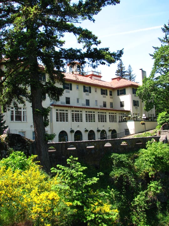 Columbia Gorge Hotel, a historic hotel that opened in 1921, above the Columbia River in Hood River, Oregon