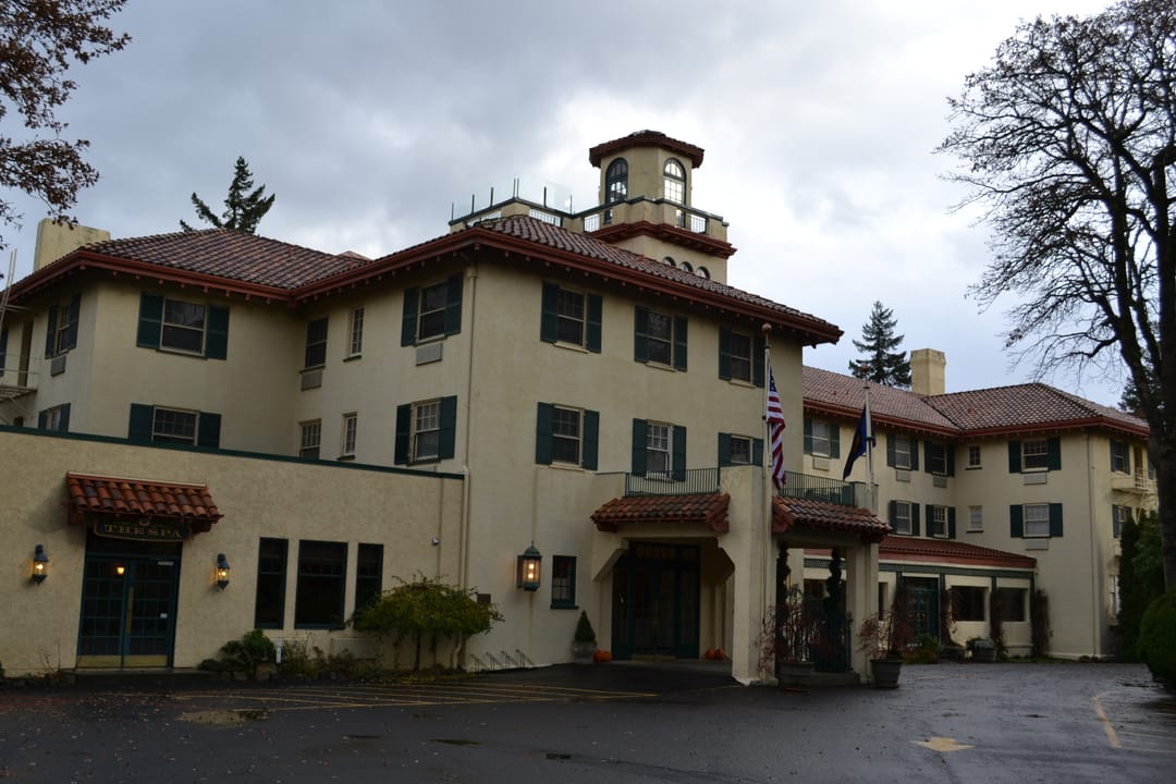 The front of the Columbia Gorge Hotel on an overcast day, Hood River, Oregon, 2011.