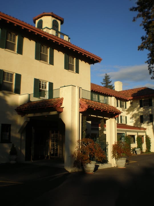 The tower and entrance of the Columbia Gorge Hotel against a clear sky, Hood River, Oregon, 2011.