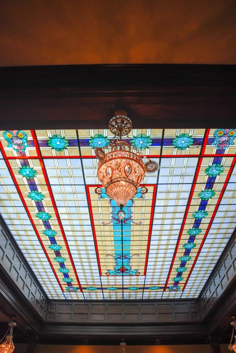 The stained-glass ceiling skylight above the Geiser Grand Hotel's lobby arcade, Baker City, Oregon, 2007.