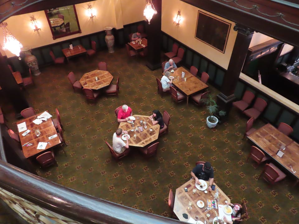 The Geiser Grand Hotel's balconied dining room, Baker City, Oregon, 2021.