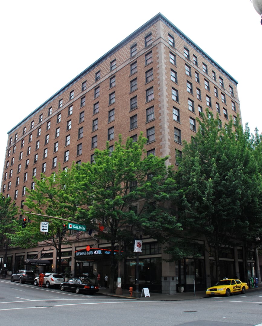 The Heathman Hotel exterior on SW Broadway in downtown Portland, Oregon