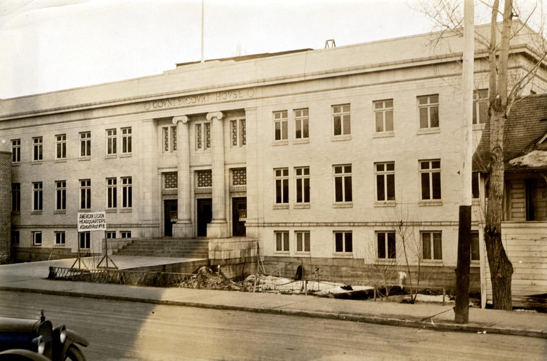 County Court House. American Legion Headquarters. Klamath Post Number Eight. Main office of Southern Oregon Northern California project occupied one quarter of the first floor of this building, just right of the entrance. 316 Main Street, Klamath Falls, Oregon.
Note: "This Klamath County courthouse 