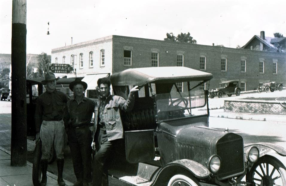 Area 3 survey crew. O.J. Hauge, Chuck Zumbrunn, and Harry Wise. Southern Oregon Northern California control project. Taken in front of the County Courthouse at N. 3rd and Main. Klamath Falls, Oregon. 
Note. O.J. Hauge may be Oswald Hoage or Oz Hogue; multiple spellings recorded.
Photo by: F.P. Keen
