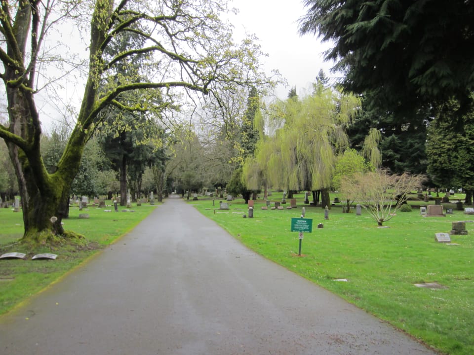 The Gothic Revival MacLeay Mausoleum standing within the grounds of Lone Fir Pioneer Cemetery in southeast Portland, Oregon