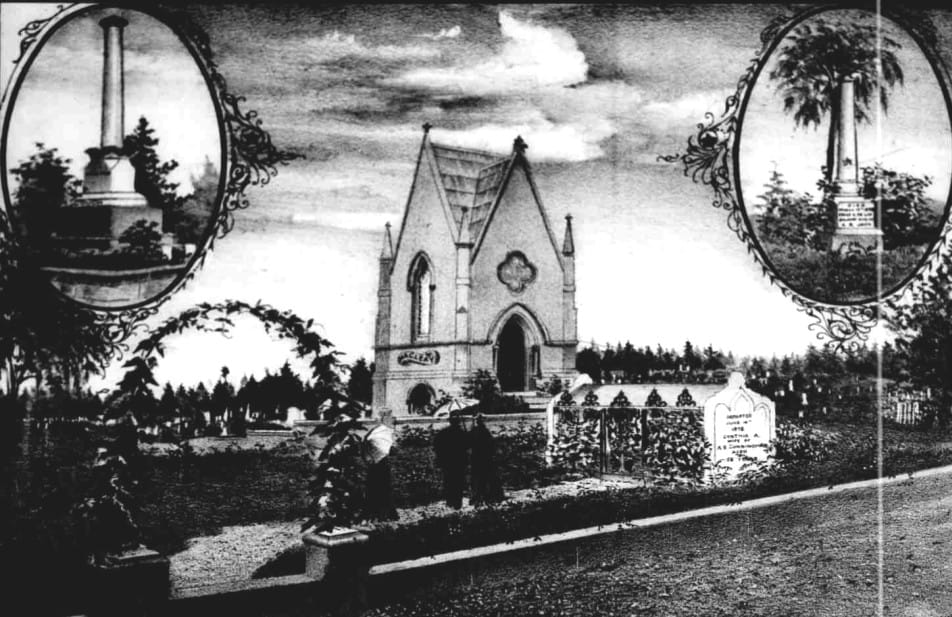 An 1880 engraving of the Gothic chapel at Lone Fir Cemetery, published in The West Shore magazine.