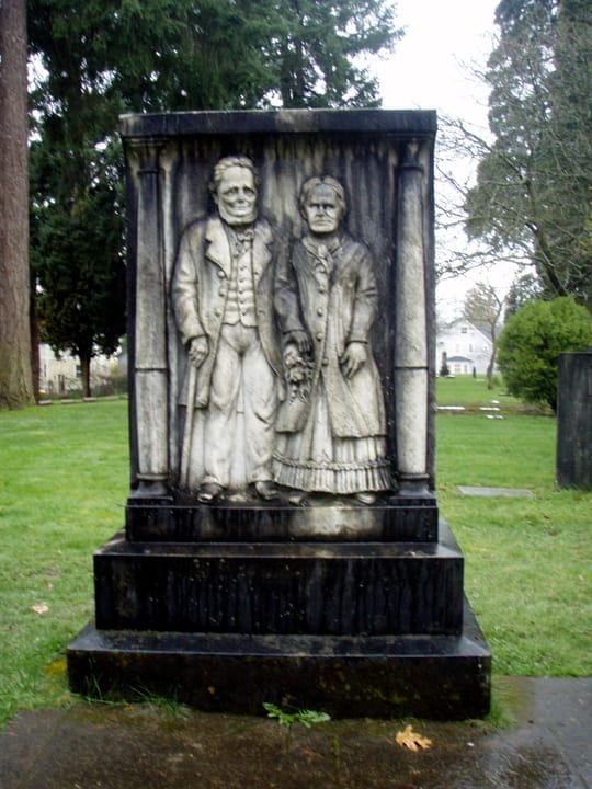 The carved marble monument of James B. Stephens, the early Portland pioneer whose land the cemetery was founded on, and his wife Elizabeth.