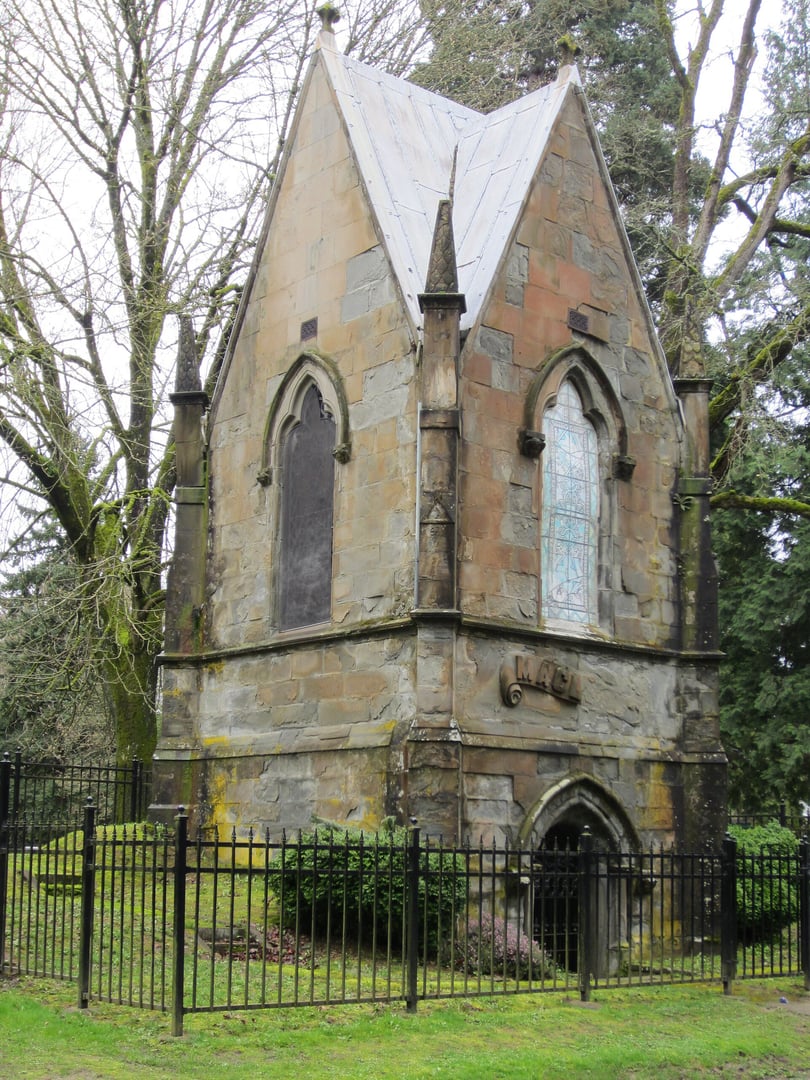 The Gothic Revival MacLeay Mausoleum standing within the grounds of Lone Fir Pioneer Cemetery in southeast Portland, Oregon