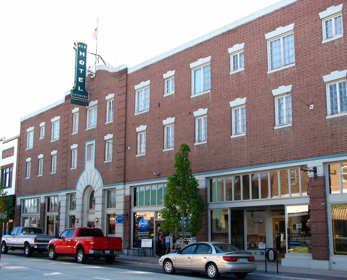 The historic 1928 New Redmond Hotel facade on 6th Street in Redmond, Oregon