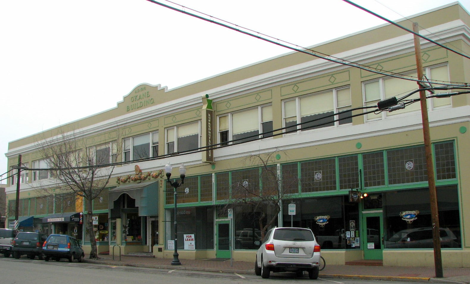 Two-story 1916 O'Kane Building on the corner of Oregon Avenue and Bond Street in downtown Bend, Oregon