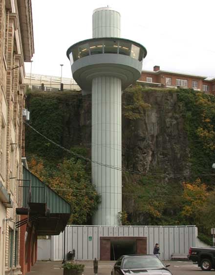 The Art Moderne tower of the Oregon City Municipal Elevator rising above downtown Oregon City, Oregon