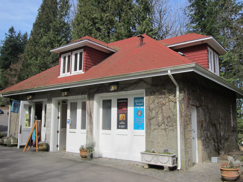 The gate lodge building on the Pittock Mansion estate grounds, now the gift shop and visitor entrance, Portland, Oregon.